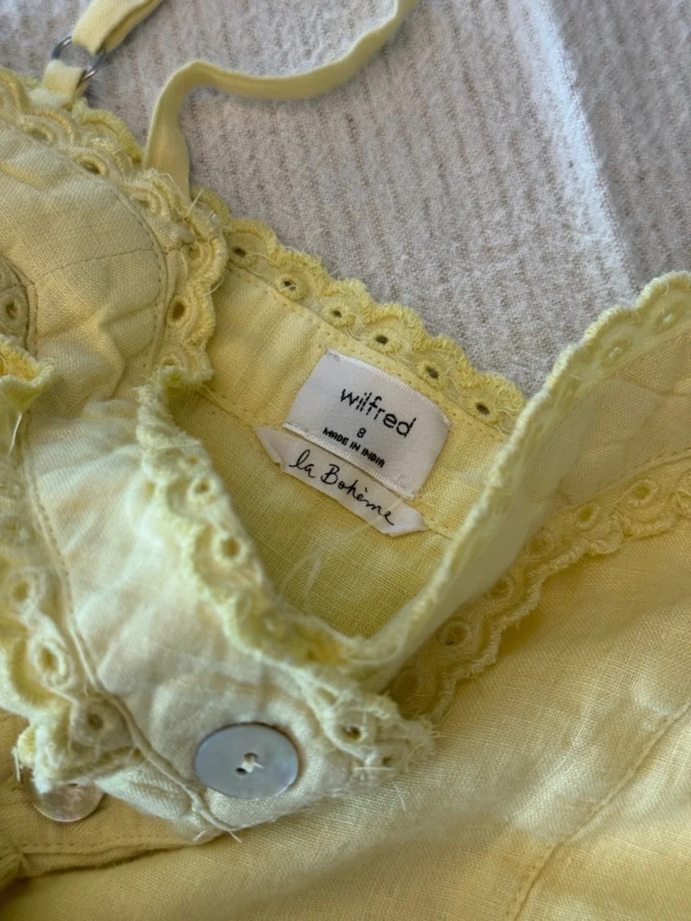 Wilfred 100% linen la boheme Yellow Eyelet Button-Front Midi Dress boho - Picture 11 of 17